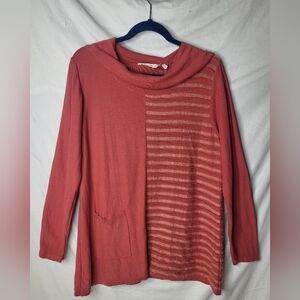 Soft Surroundings Lyrical Striped Cowlneck Cotton Sweater Sz Large Pink Salmon